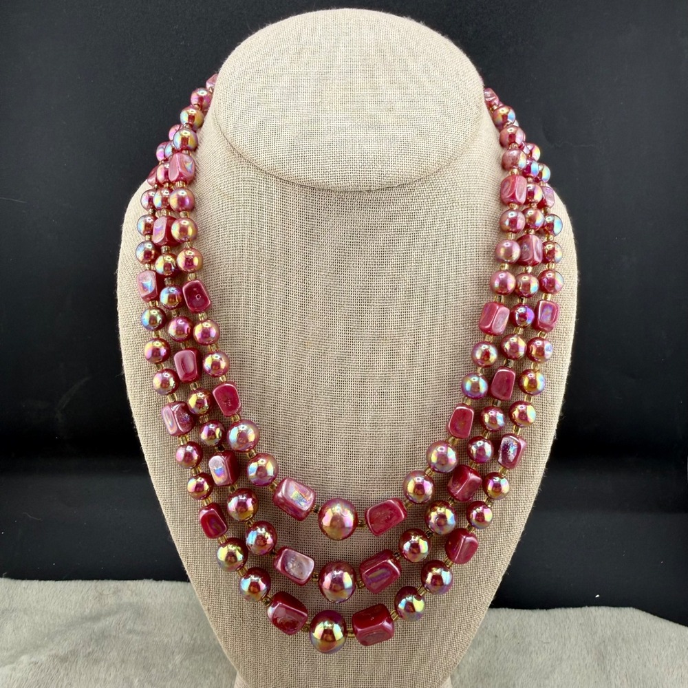 Vintage Beaded Necklace Red Layered AB Acrylic 18"